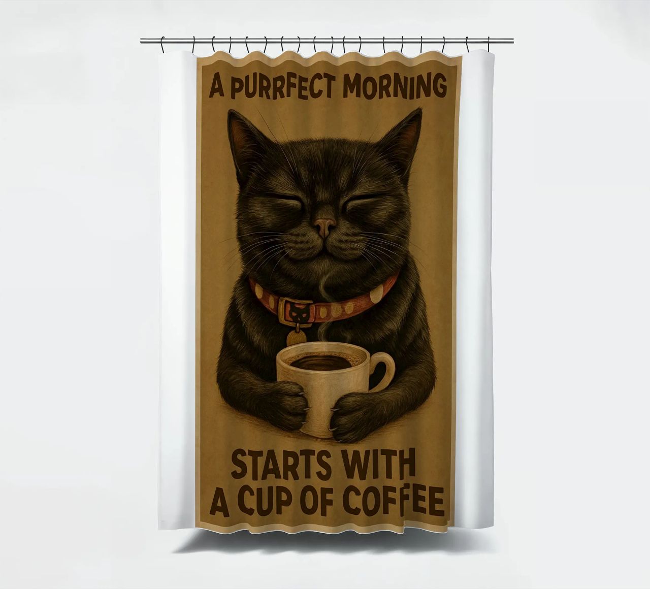 Gatto divertente Una mattina perfetta inizia con una tazza di caffè tenda da doccia da Rawdenox