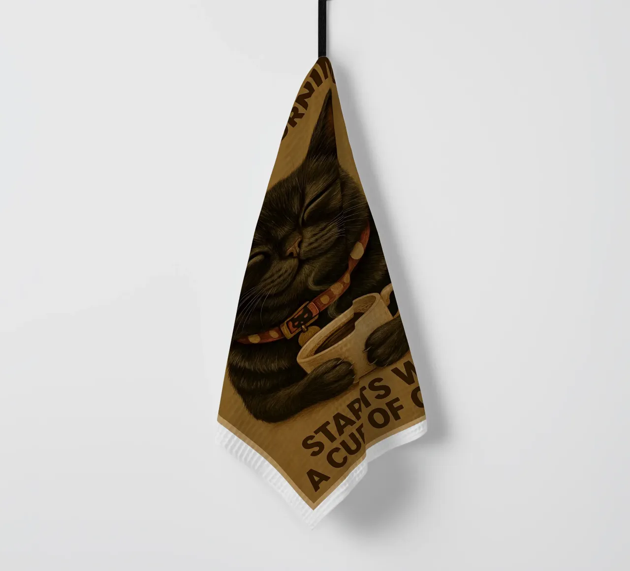 Gatto divertente Una mattina perfetta inizia con una tazza di caffè canovaccio da cucina da Rawdenox