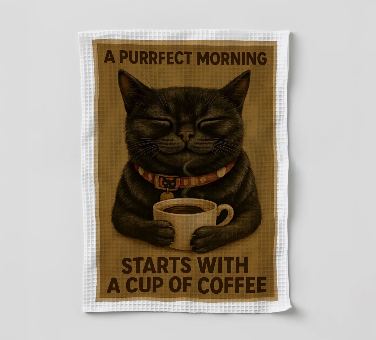 Gatto divertente Una mattina perfetta inizia con una tazza di caffè canovaccio da cucina da Rawdenox