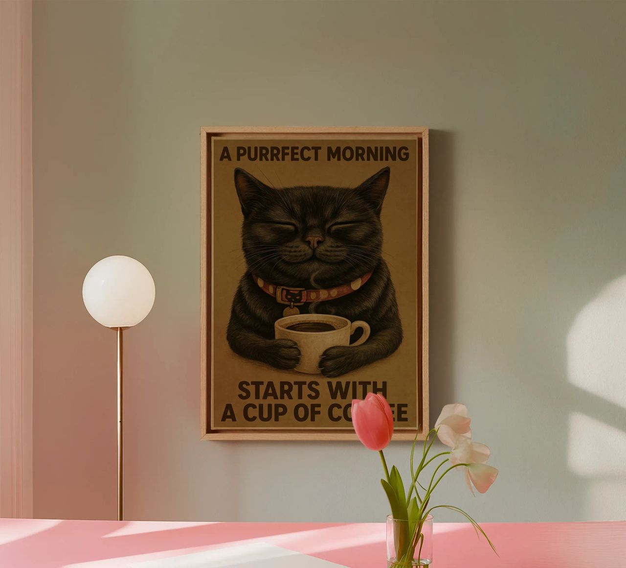 Gatto divertente Una mattina perfetta inizia con una tazza di caffè tela da Rawdenox