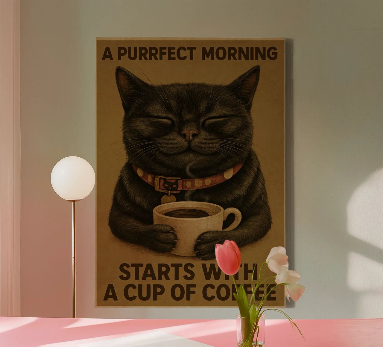 Gatto divertente Una mattina perfetta inizia con una tazza di caffè tela da Rawdenox