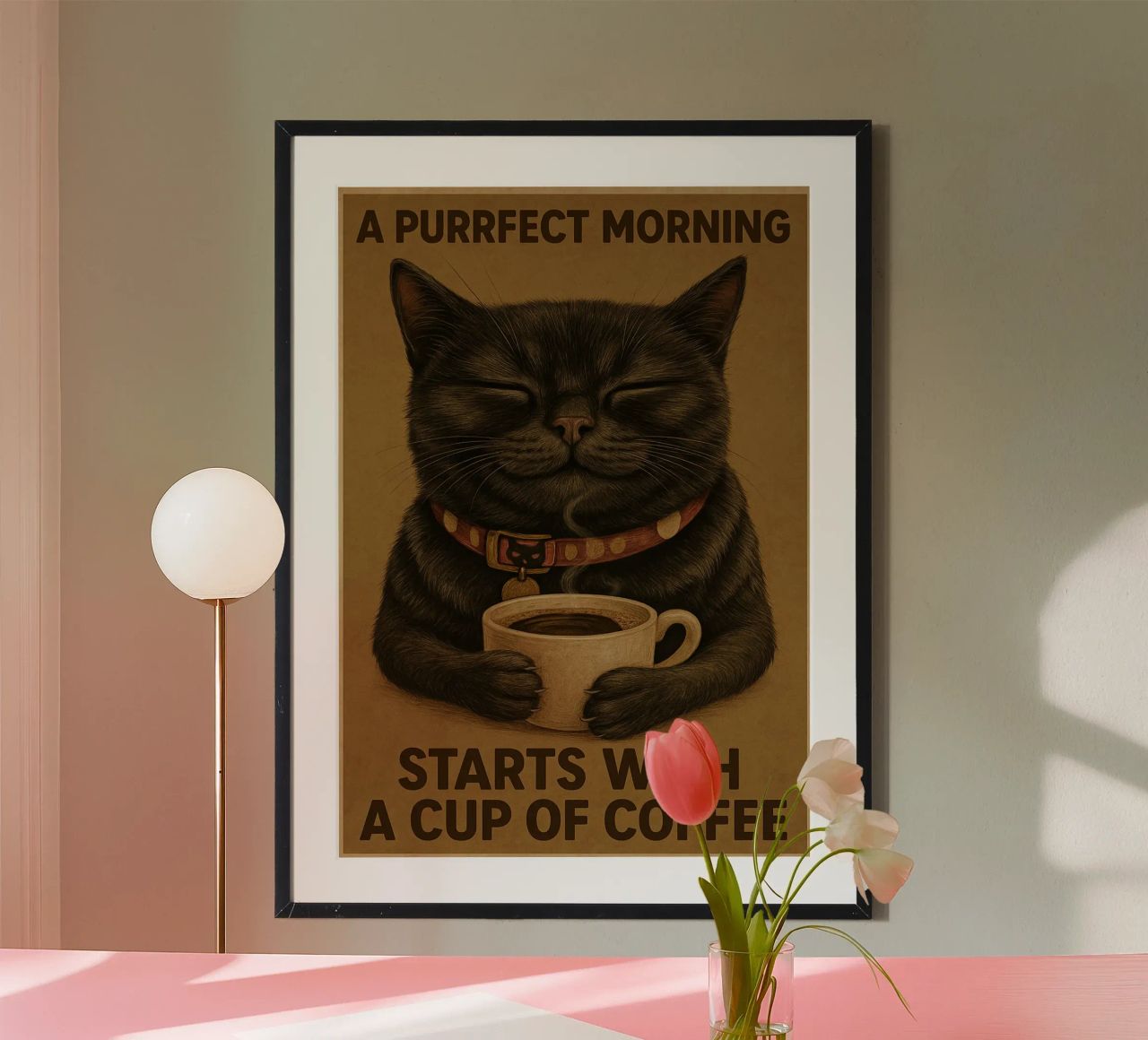 Gatto divertente Una mattina perfetta inizia con una tazza di caffè poster da Rawdenox