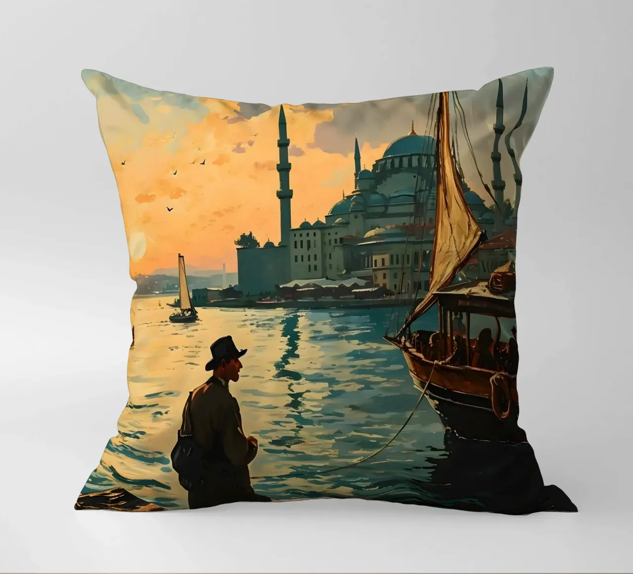 L'uomo di Istanbul sul Bosforo cuscino da Vintage Travel Art