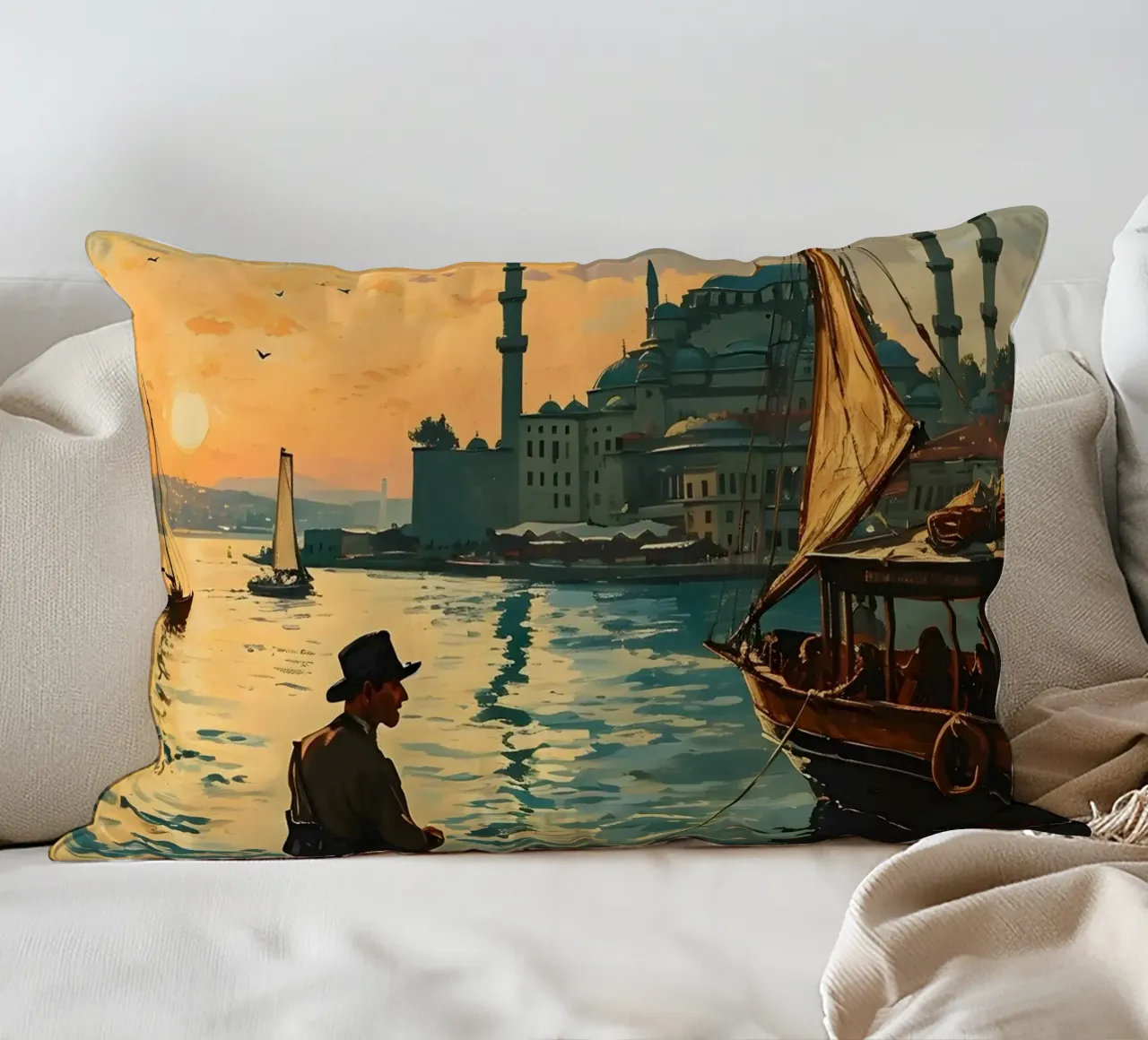 L'uomo di Istanbul sul Bosforo cuscino da Vintage Travel Art