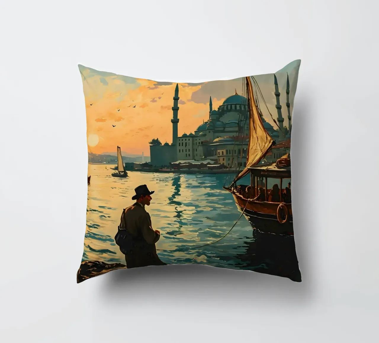 L'uomo di Istanbul sul Bosforo cuscino da Vintage Travel Art
