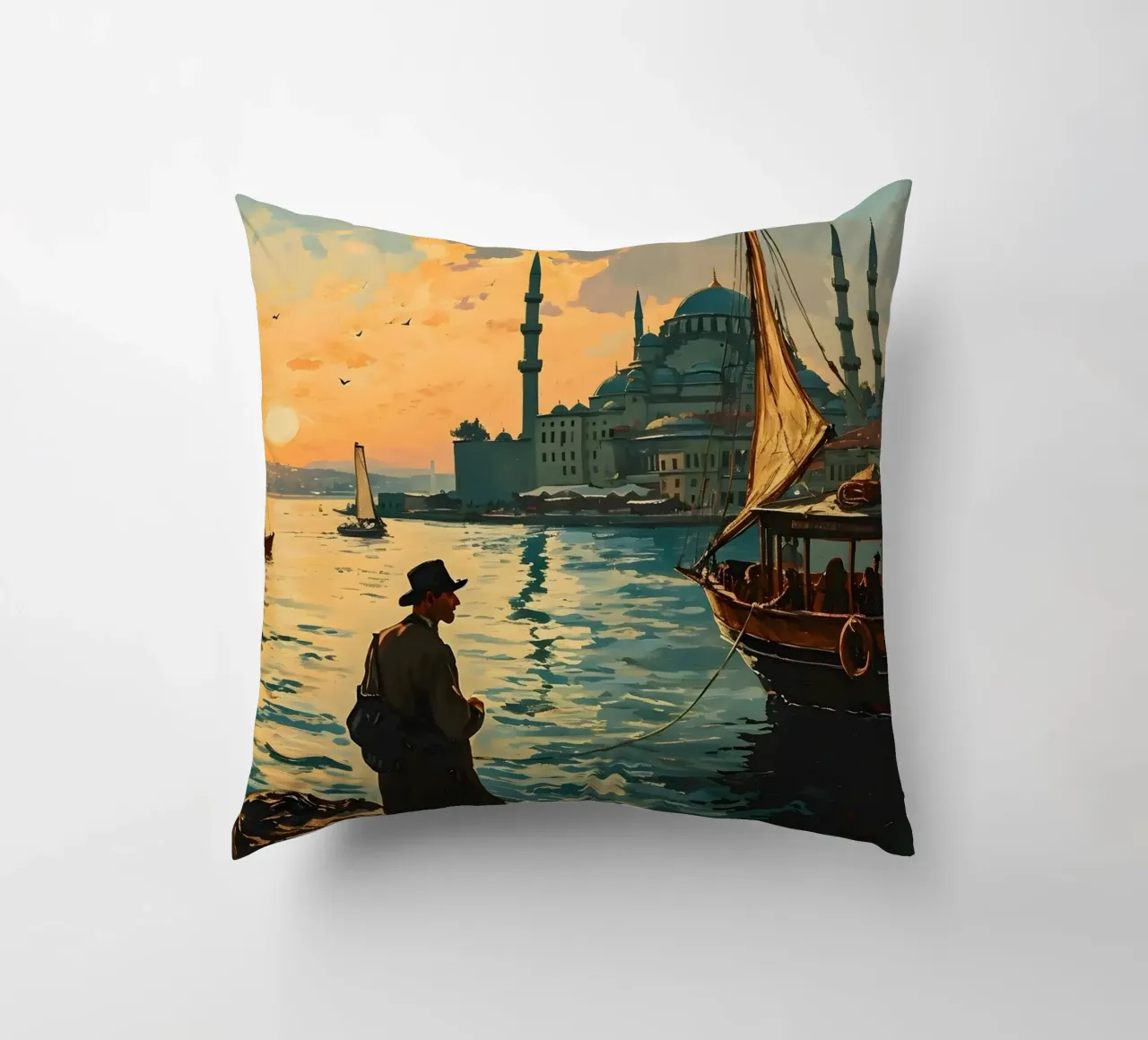 L'uomo di Istanbul sul Bosforo cuscino da Vintage Travel Art