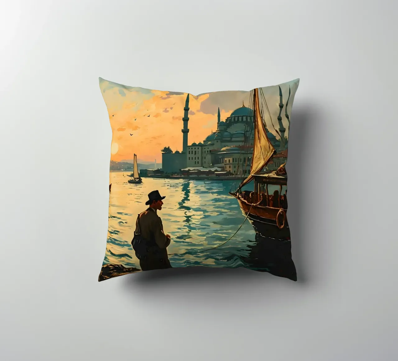 L'uomo di Istanbul sul Bosforo cuscino da Vintage Travel Art