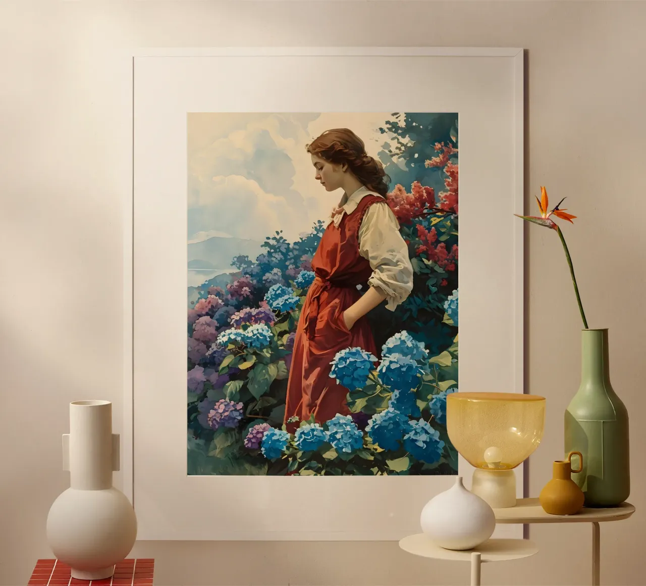 Donna con ortensie vintage poster con telaio in legno da Vintage Travel Art