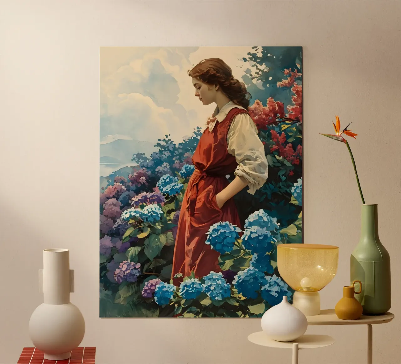 Donna con ortensie vintage poster con telaio in legno da Vintage Travel Art