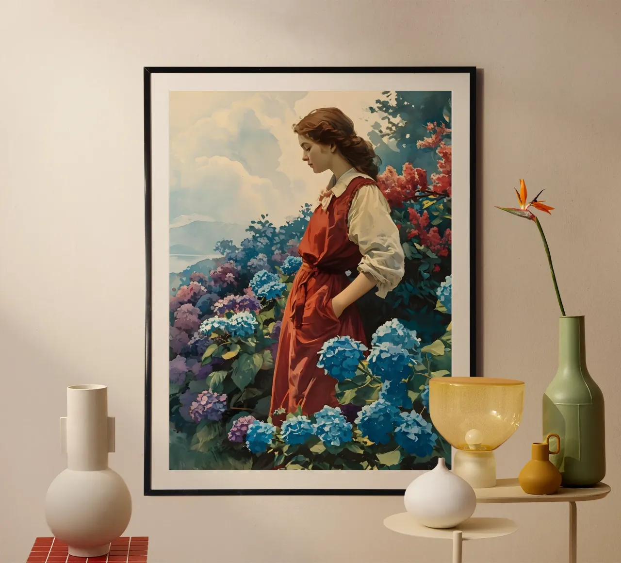 Donna con ortensie vintage poster con telaio in legno da Vintage Travel Art