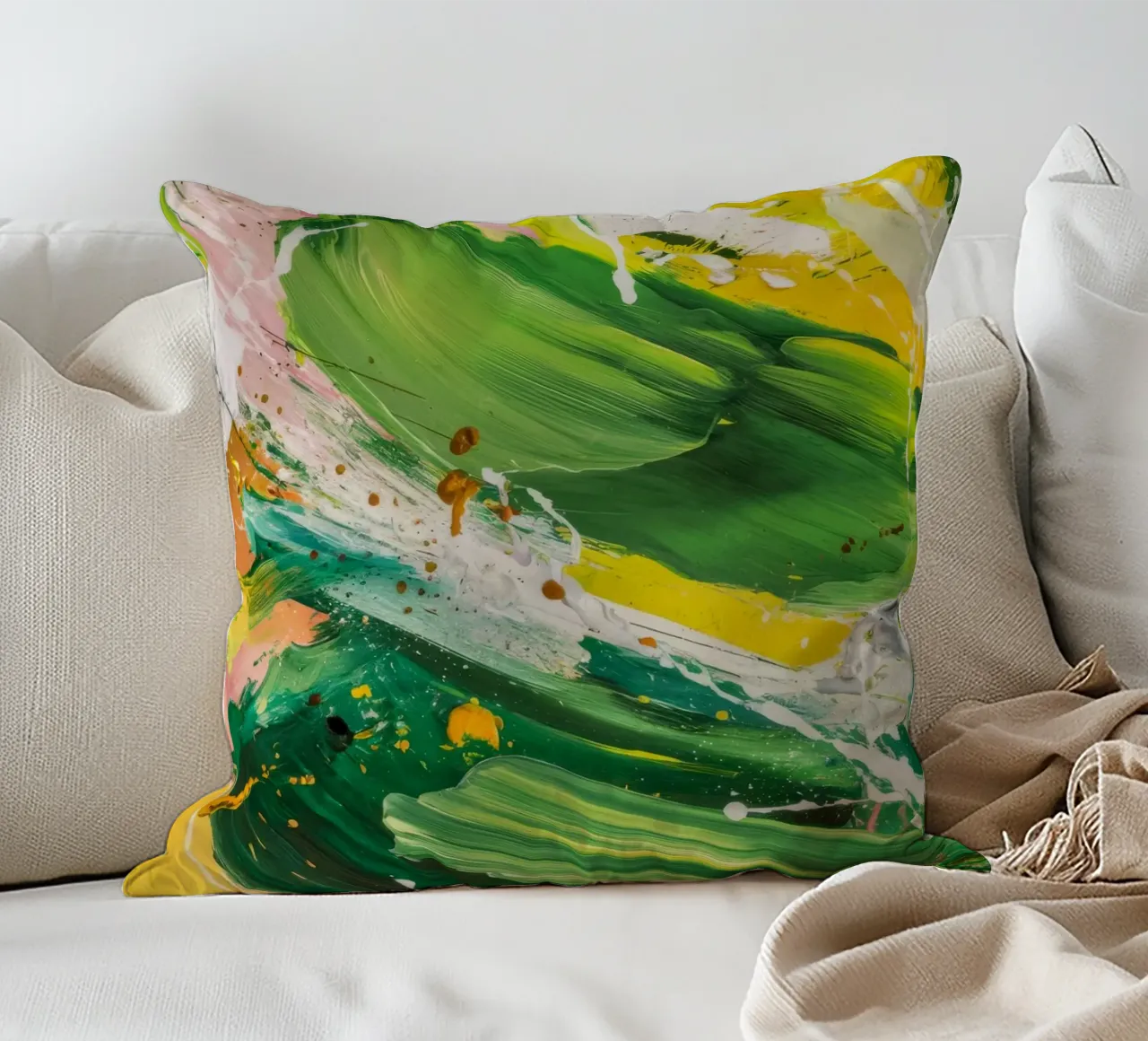 Emerald Brushstroke Dance decorative cushion by Sublime Layers