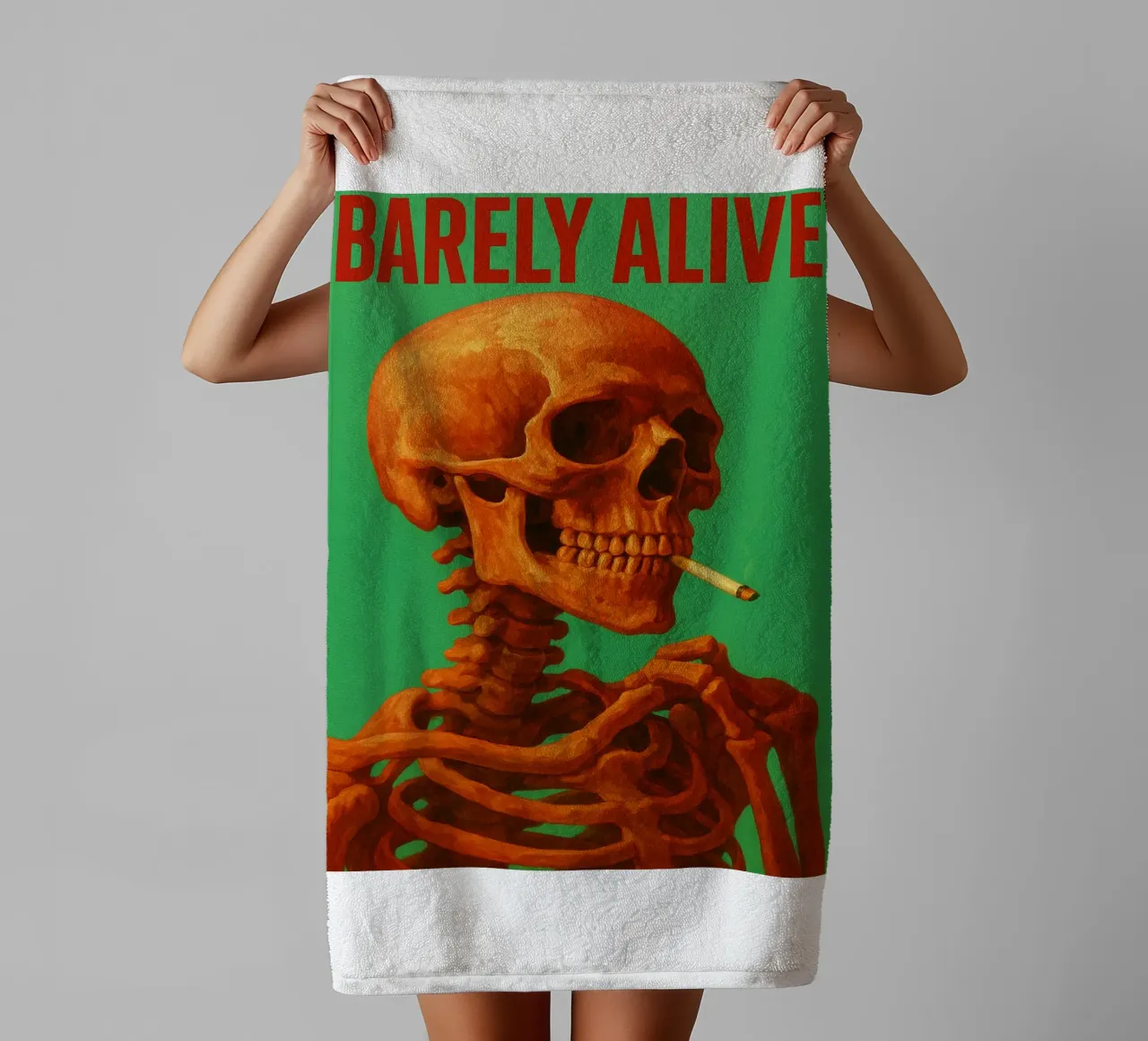 Barely Alive Skeleton Humor towel by Rawghenee