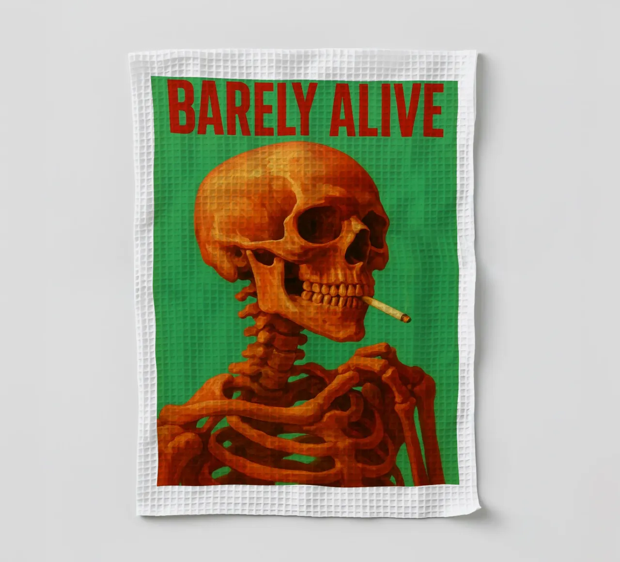 Barely Alive Skeleton Humor tea towel by Rawghenee