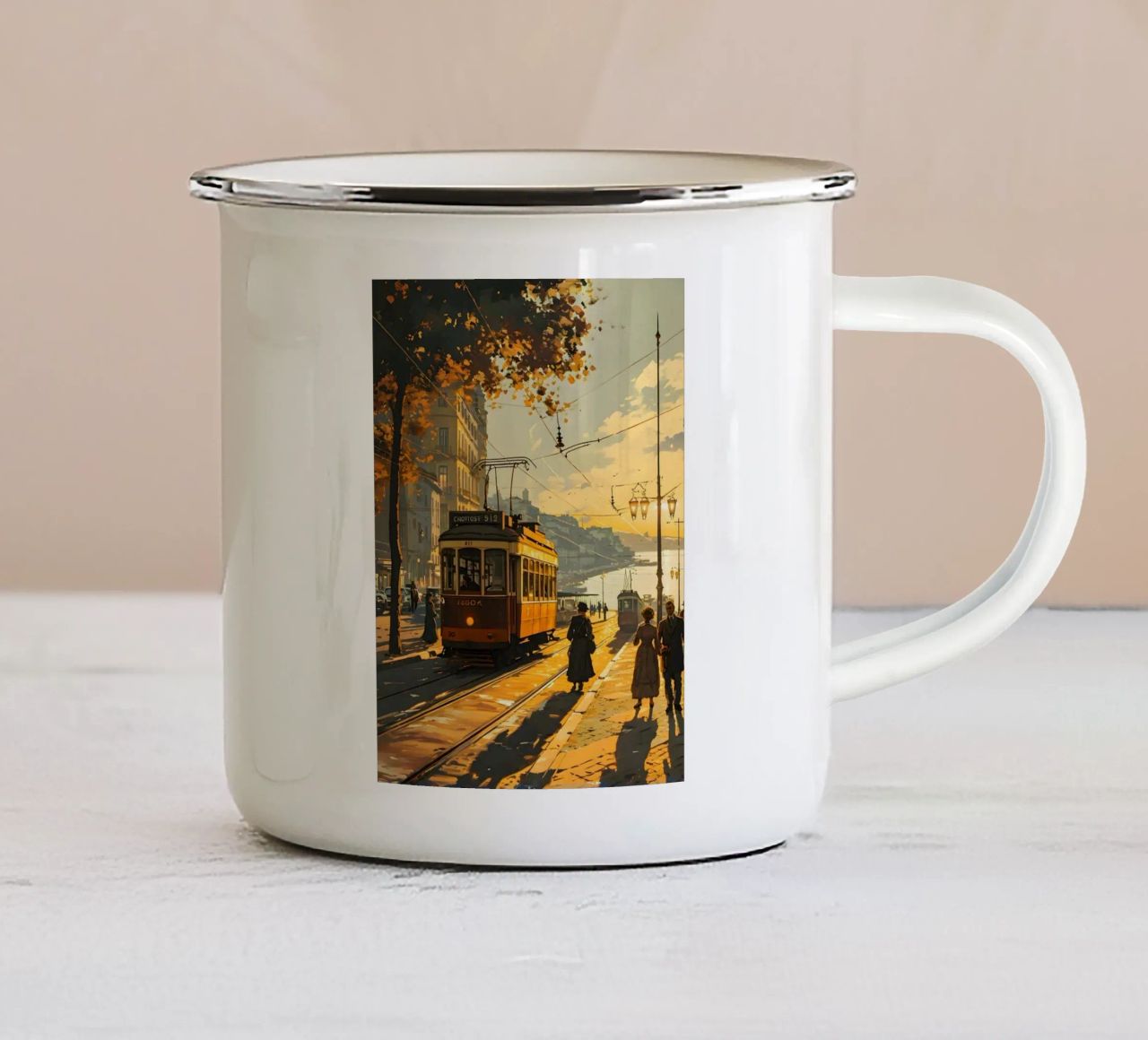 Tram di Lisbona arte vintage tazza in smalto da Vintage Travel Art