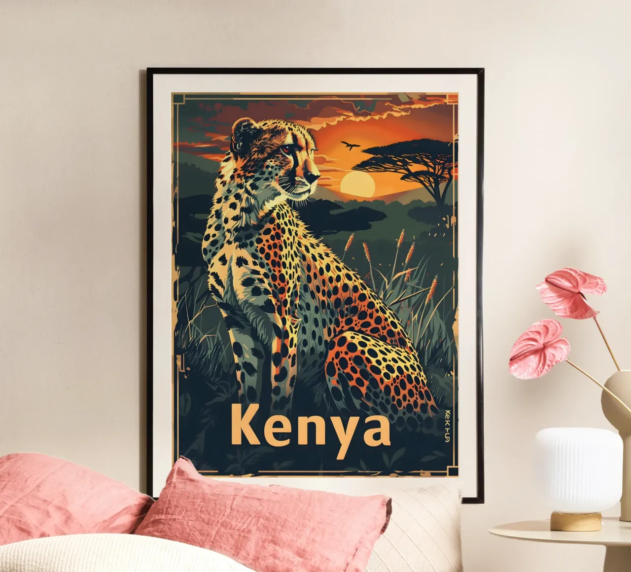 Ghepardo Kenya Vintage poster con telaio in legno da Vintage Travel Art