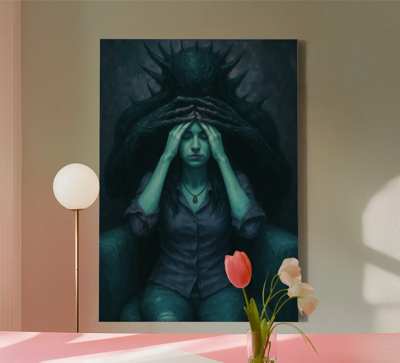 devil's embrace satan canvas with Floater frame by Rawghenee