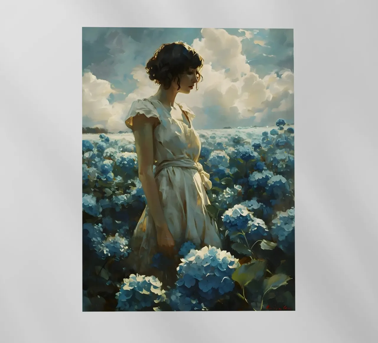 Donna circondata da ortensie pellicola backlit da Vintage Travel Art