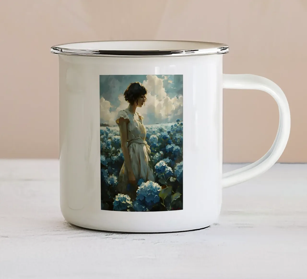 Donna circondata da ortensie tazza in smalto da Vintage Travel Art