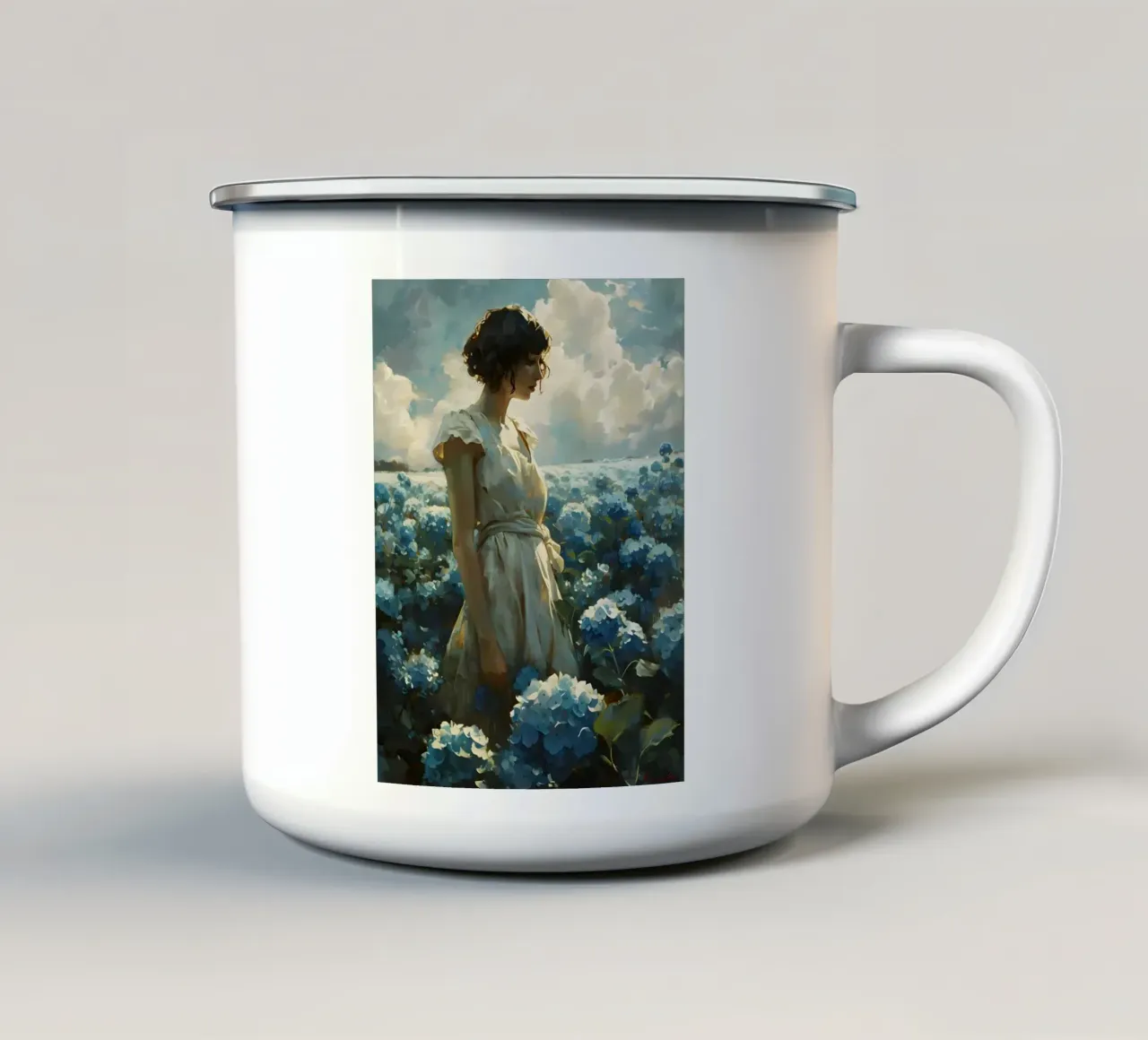 Donna circondata da ortensie tazza in smalto da Vintage Travel Art