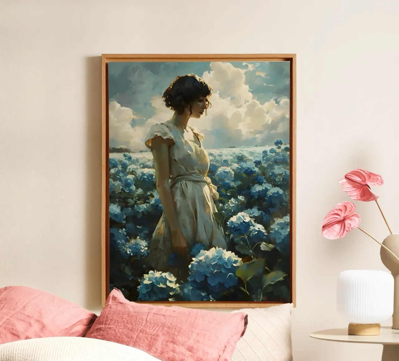 Donna circondata da ortensie tela con Cornice a cassetta da Vintage Travel Art