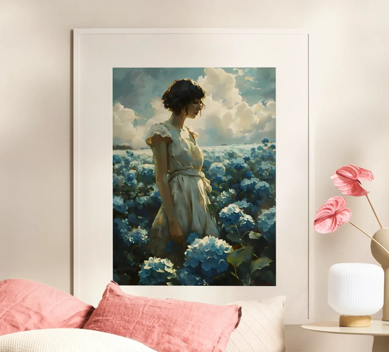 Donna circondata da ortensie poster da Vintage Travel Art