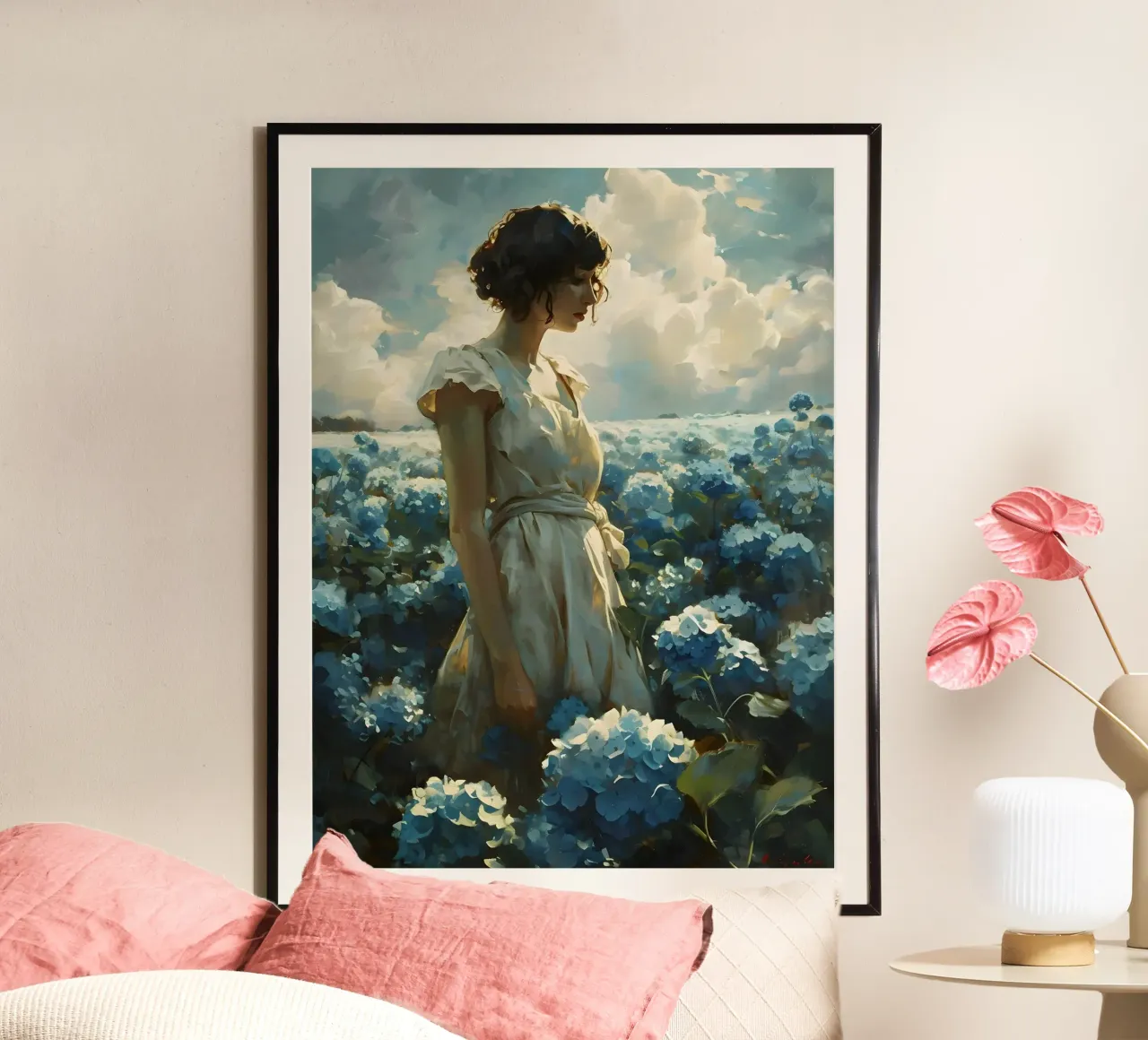 Donna circondata da ortensie poster da Vintage Travel Art