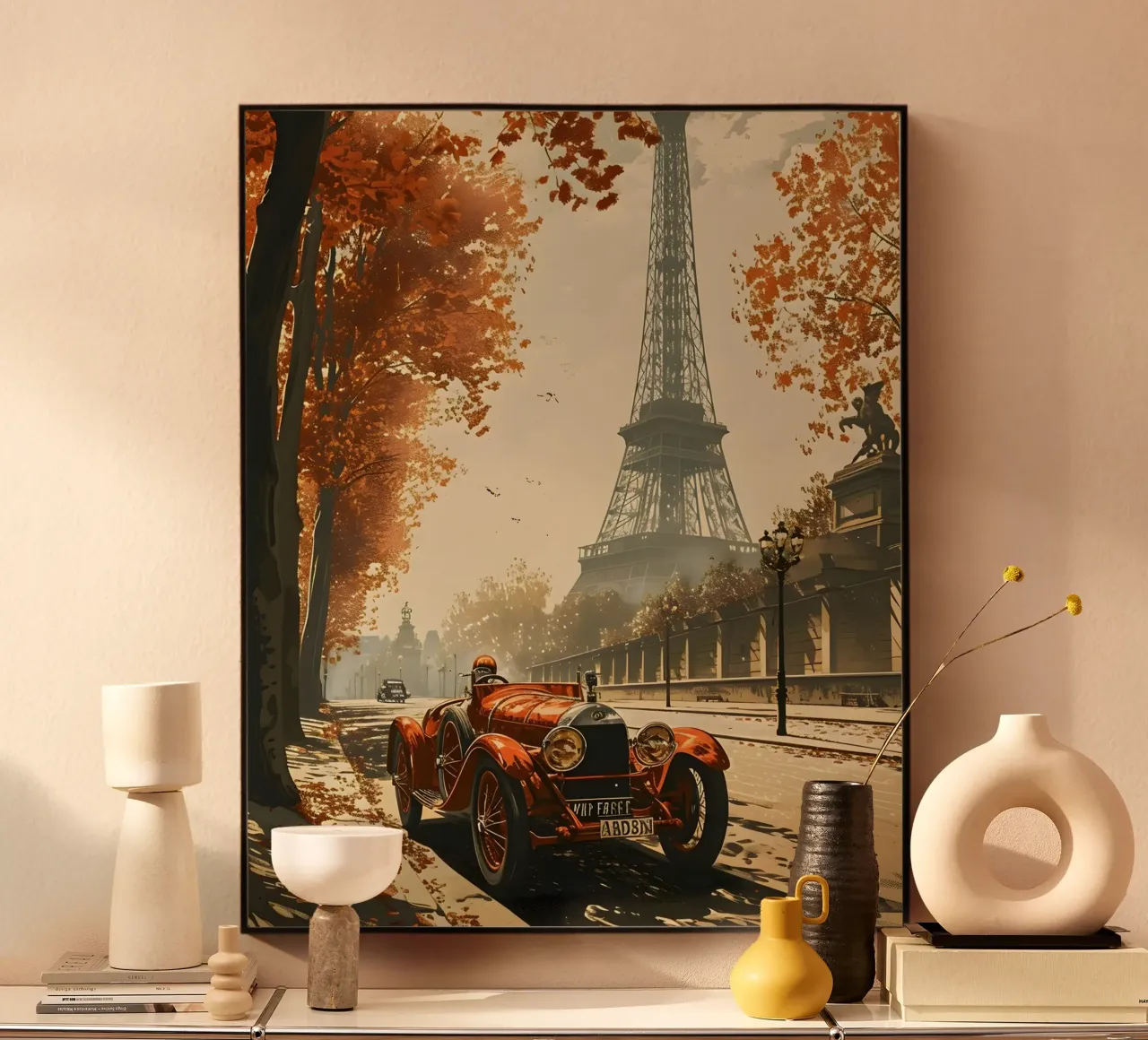 París coche clásico Torre Eiffel aluminio dibond de Vintage Travel Art
