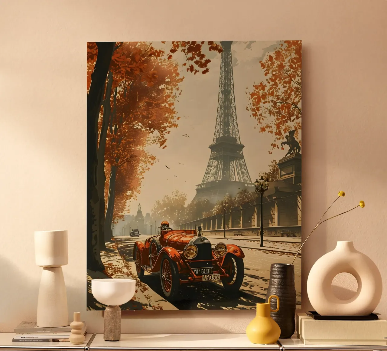 París coche clásico Torre Eiffel aluminio dibond de Vintage Travel Art