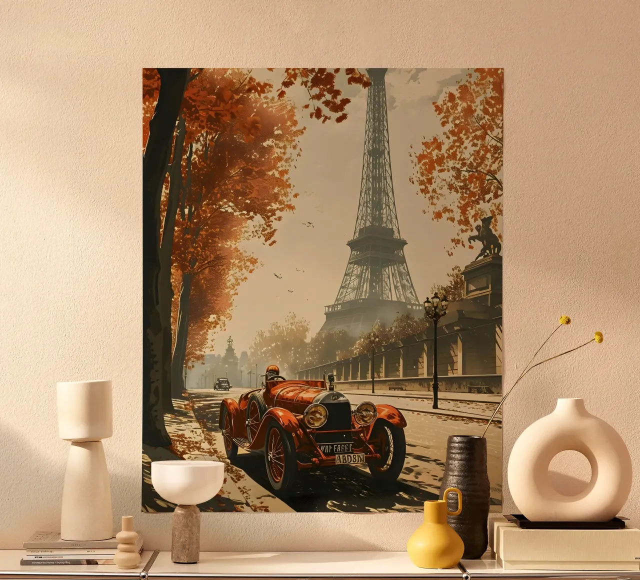 Parigi auto d'epoca Torre Eiffel poster con telaio in alluminio da Vintage Travel Art