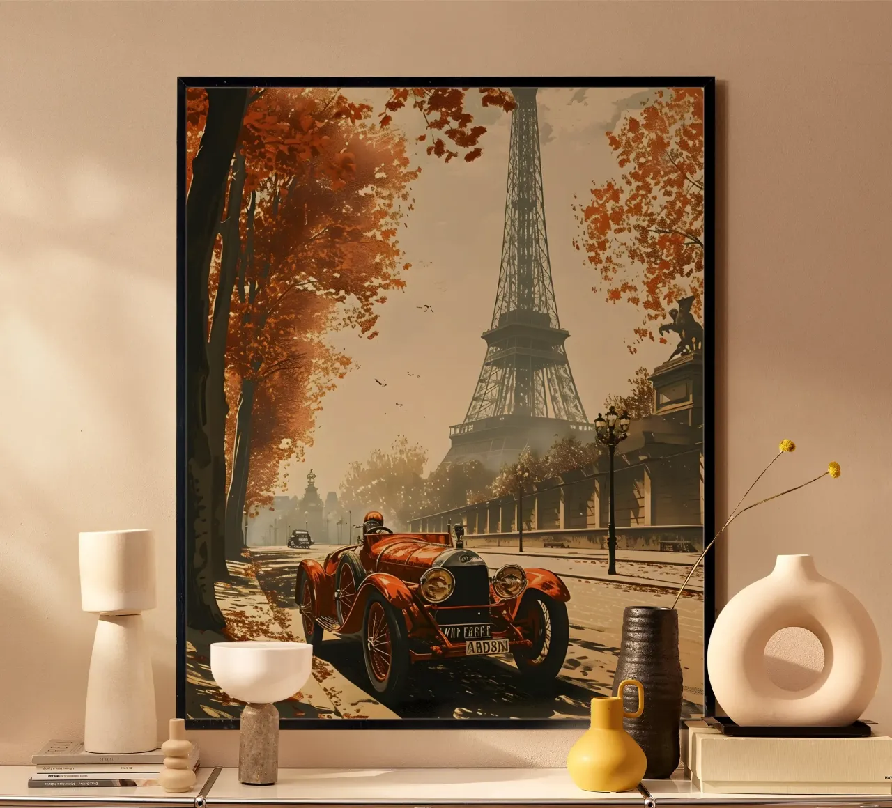 Parigi auto d'epoca Torre Eiffel poster con telaio in alluminio da Vintage Travel Art