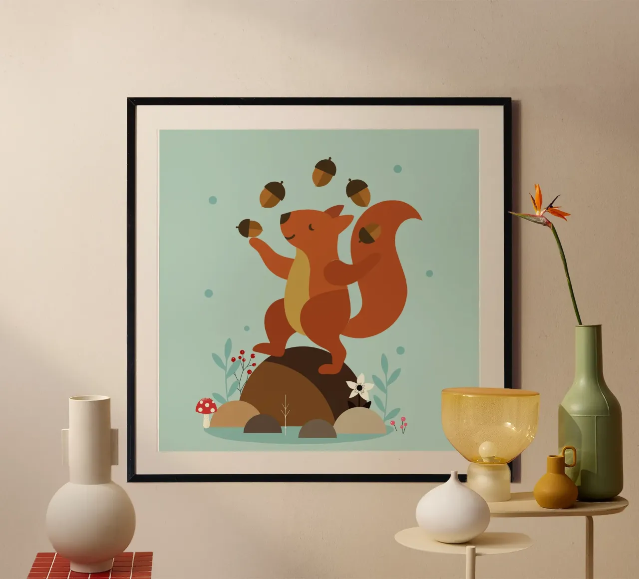 Scoiattolo giocoliere su una collina - Animale divertente poster con telaio in alluminio da namosh