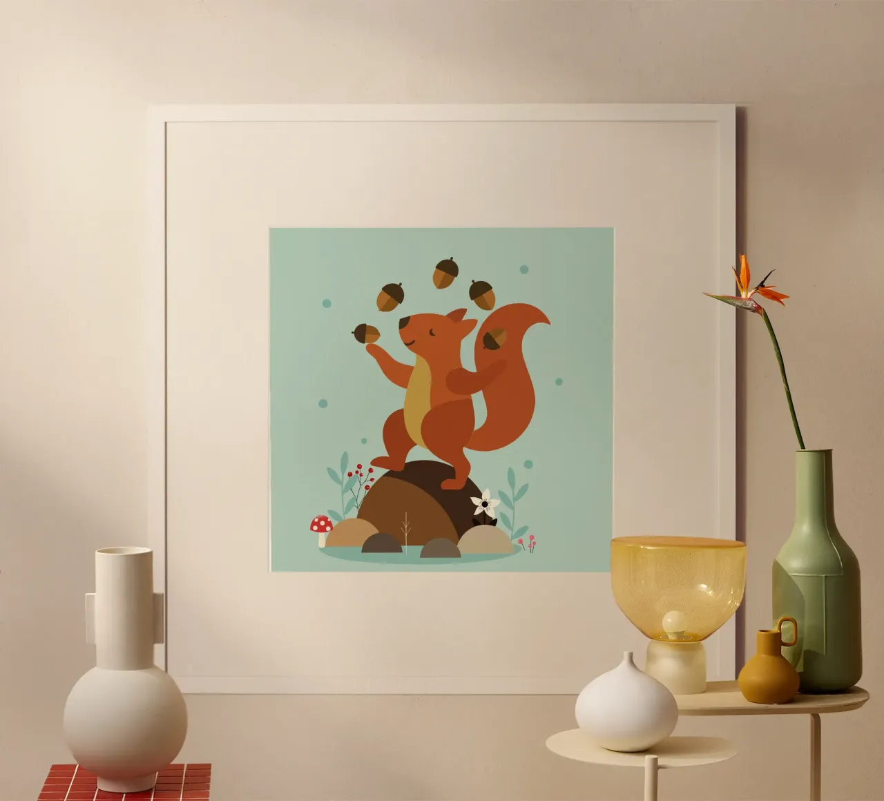 Scoiattolo giocoliere su una collina - Animale divertente poster con telaio in alluminio da namosh