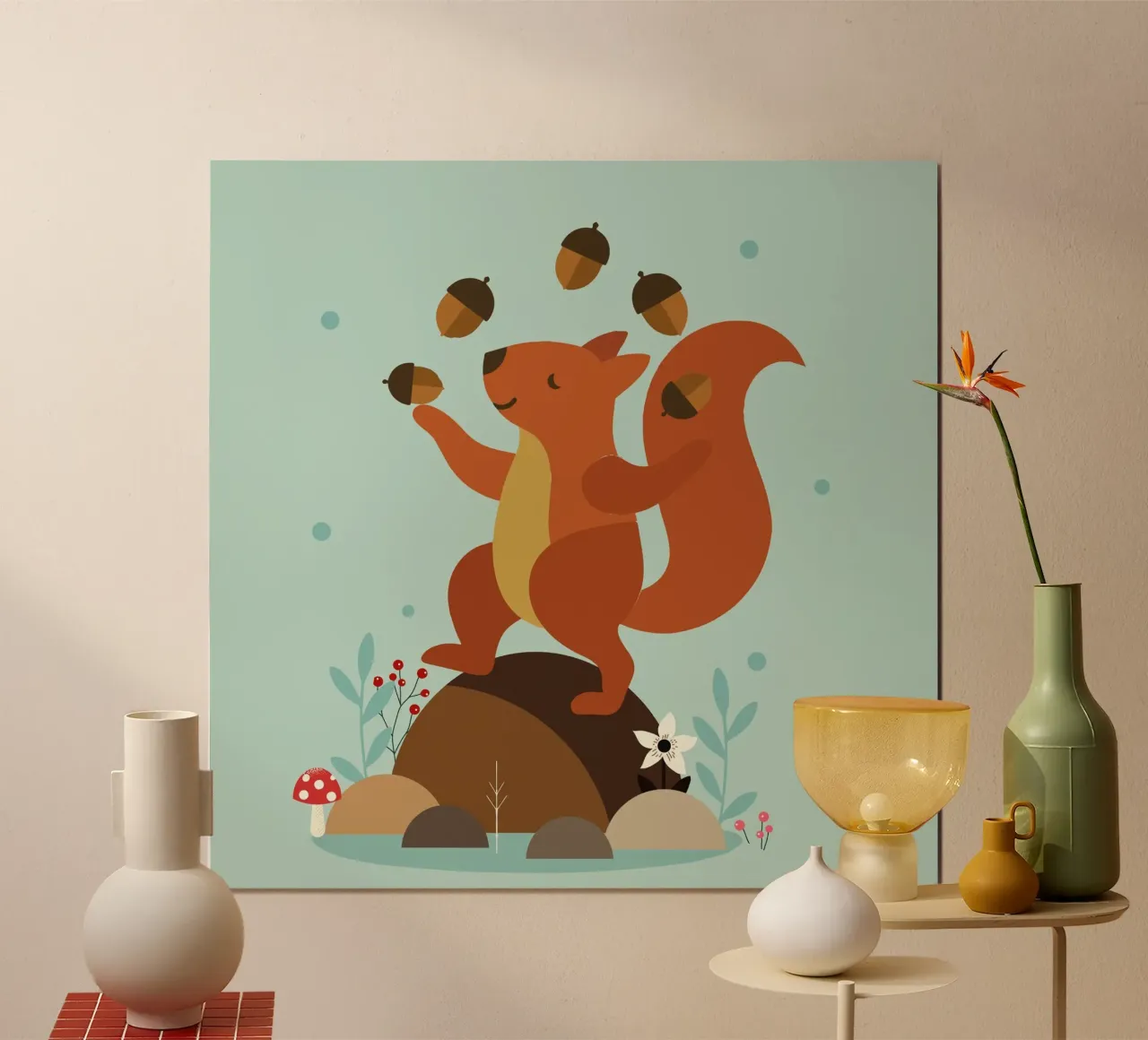 Scoiattolo giocoliere su una collina - Animale divertente poster con telaio in alluminio da namosh