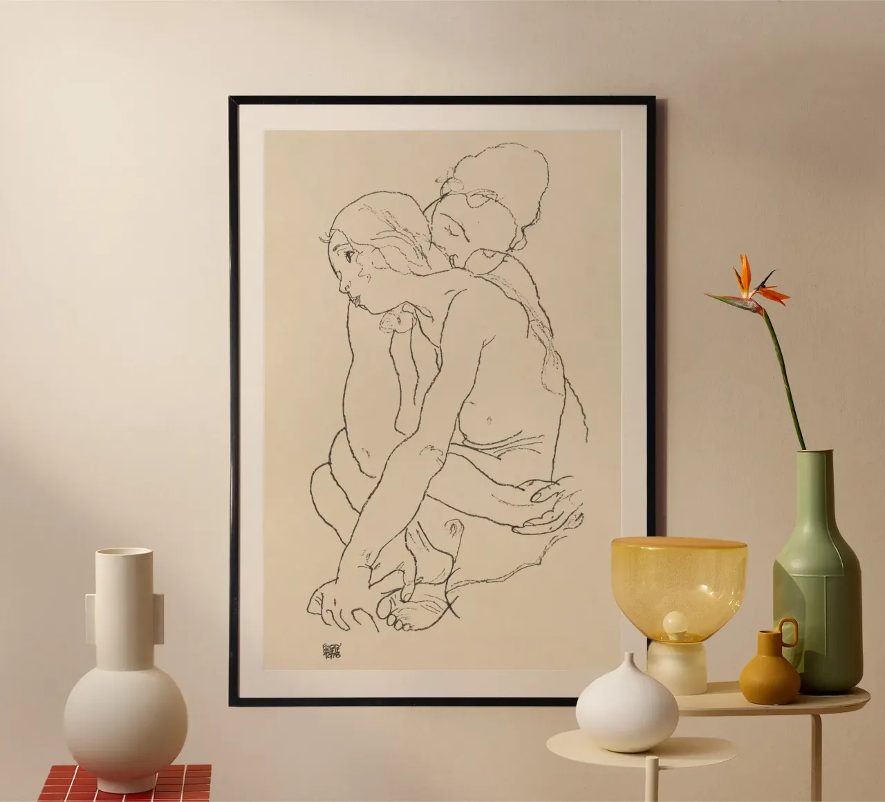 Egon Schiele - Donna e ragazza abbracciate (1918) poster con telaio in alluminio da Wirla