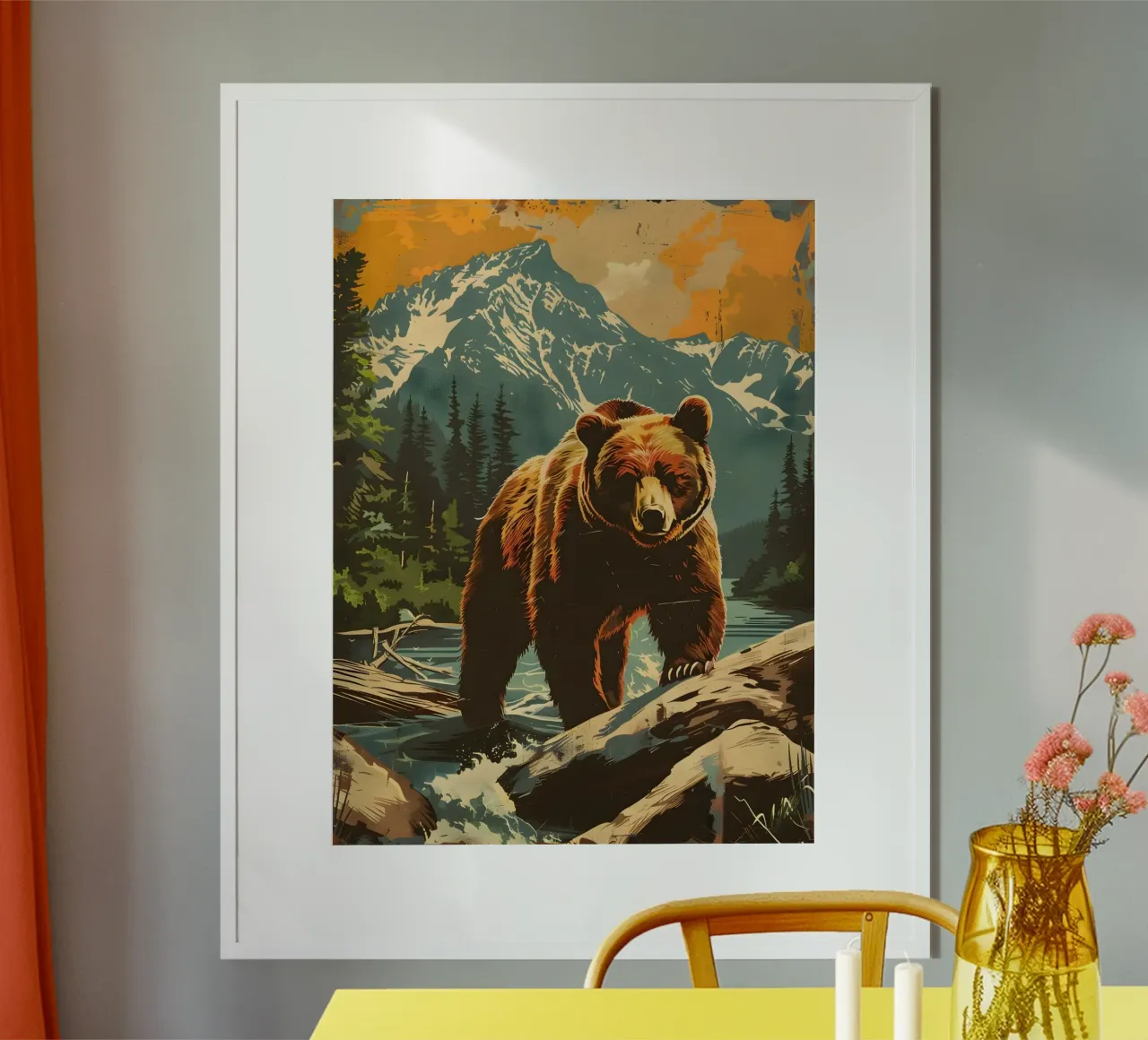 Orso bruno Grizzly Natura vintage poster con telaio in alluminio da Vintage Travel Art