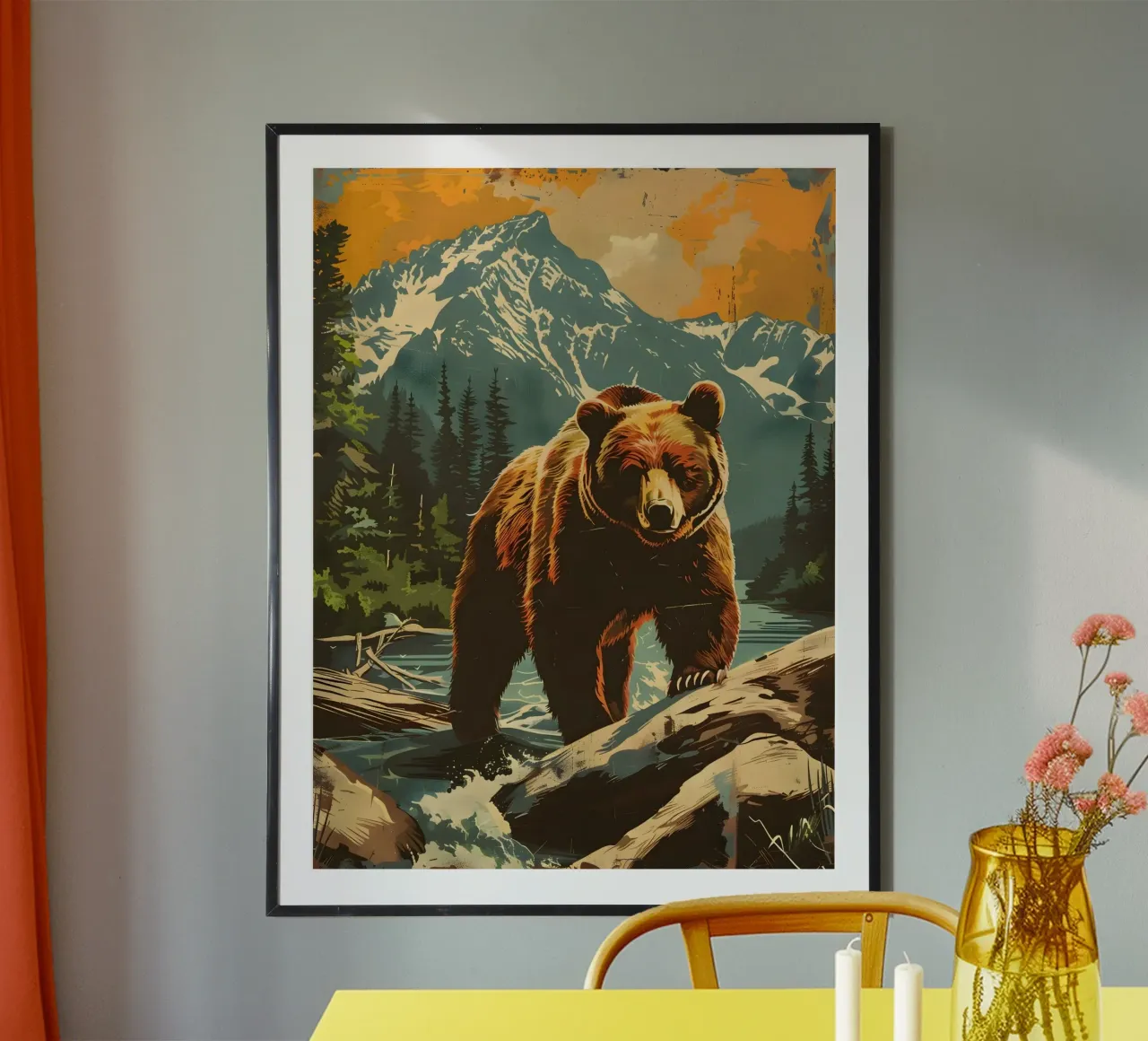 Orso bruno Grizzly Natura vintage poster con telaio in alluminio da Vintage Travel Art