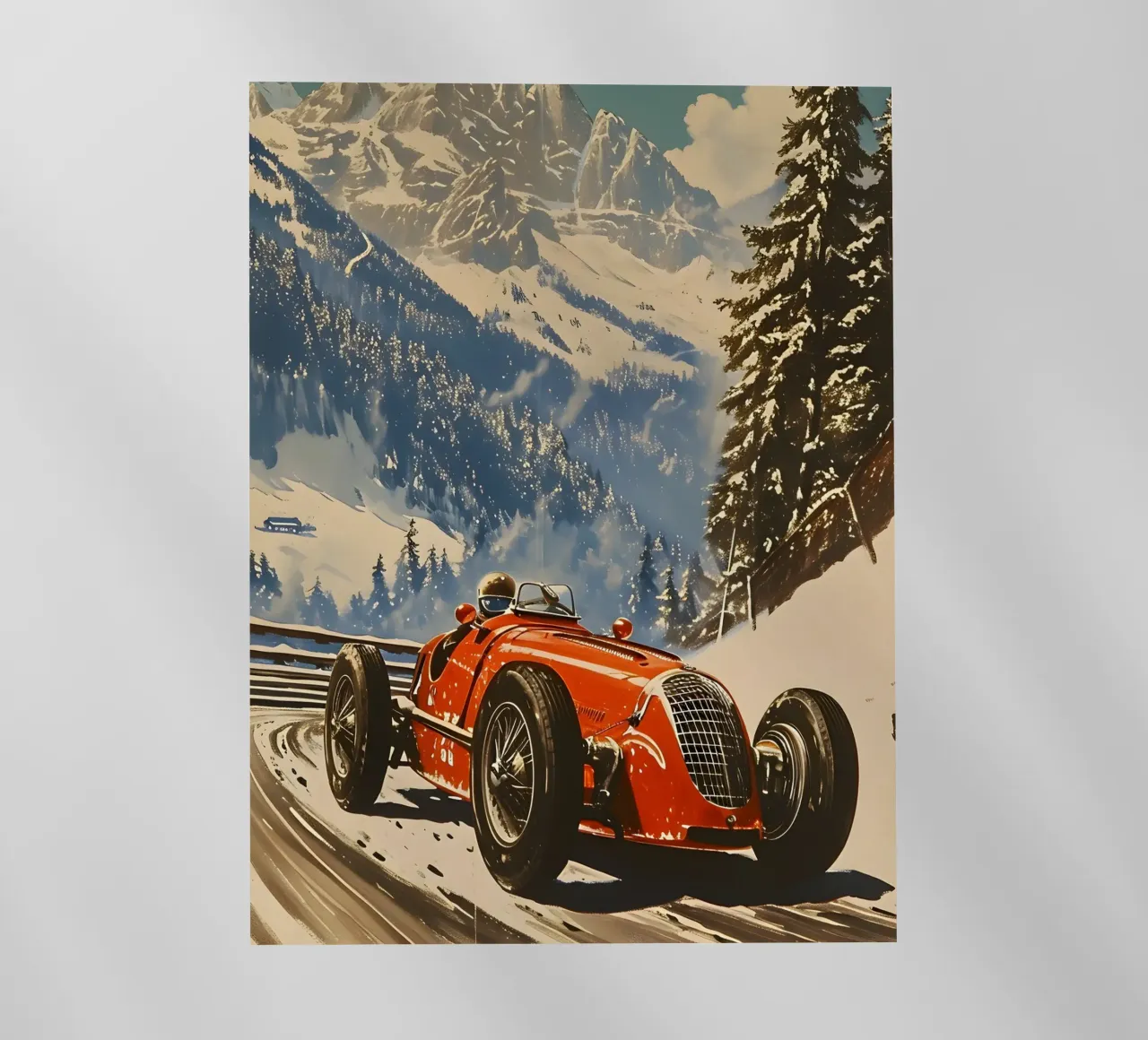 auto da corsa d'epoca nelle Alpi pellicola backlit da Vintage Travel Art