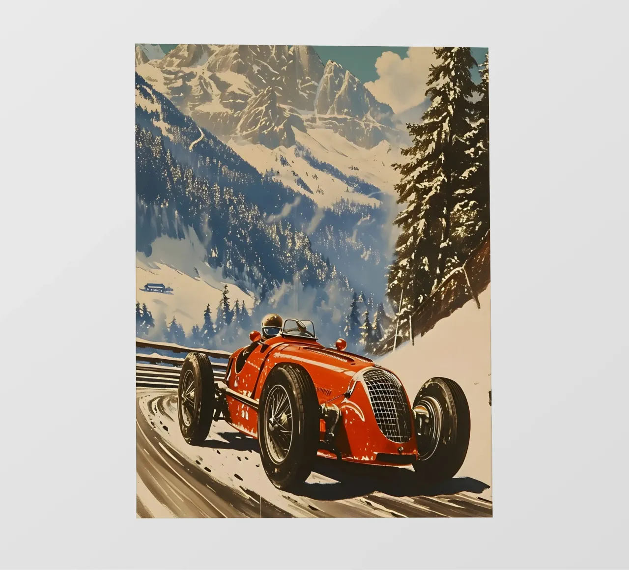 auto da corsa d'epoca nelle Alpi pellicola backlit da Vintage Travel Art
