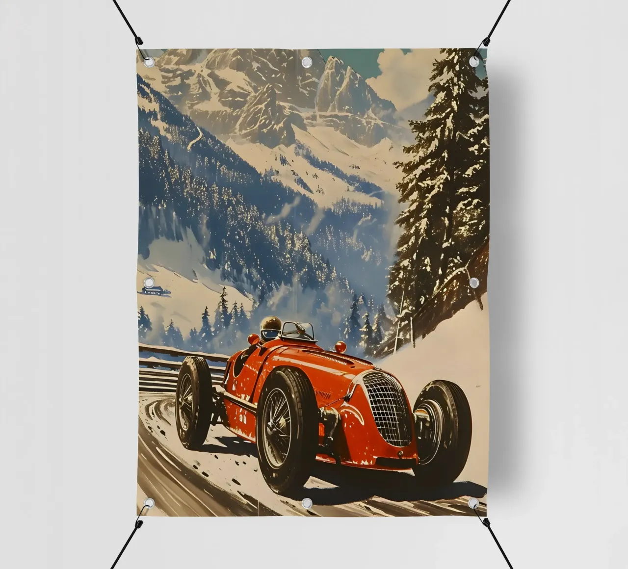 auto da corsa d'epoca nelle Alpi telo in pvc da Vintage Travel Art