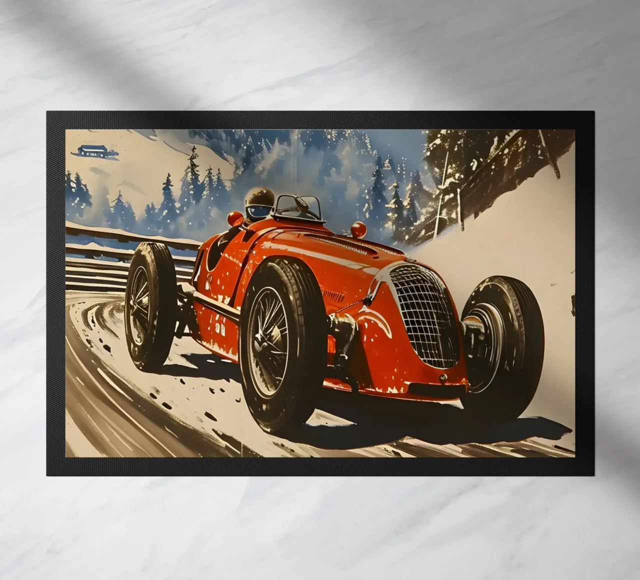 auto da corsa d'epoca nelle Alpi zerbino da Vintage Travel Art