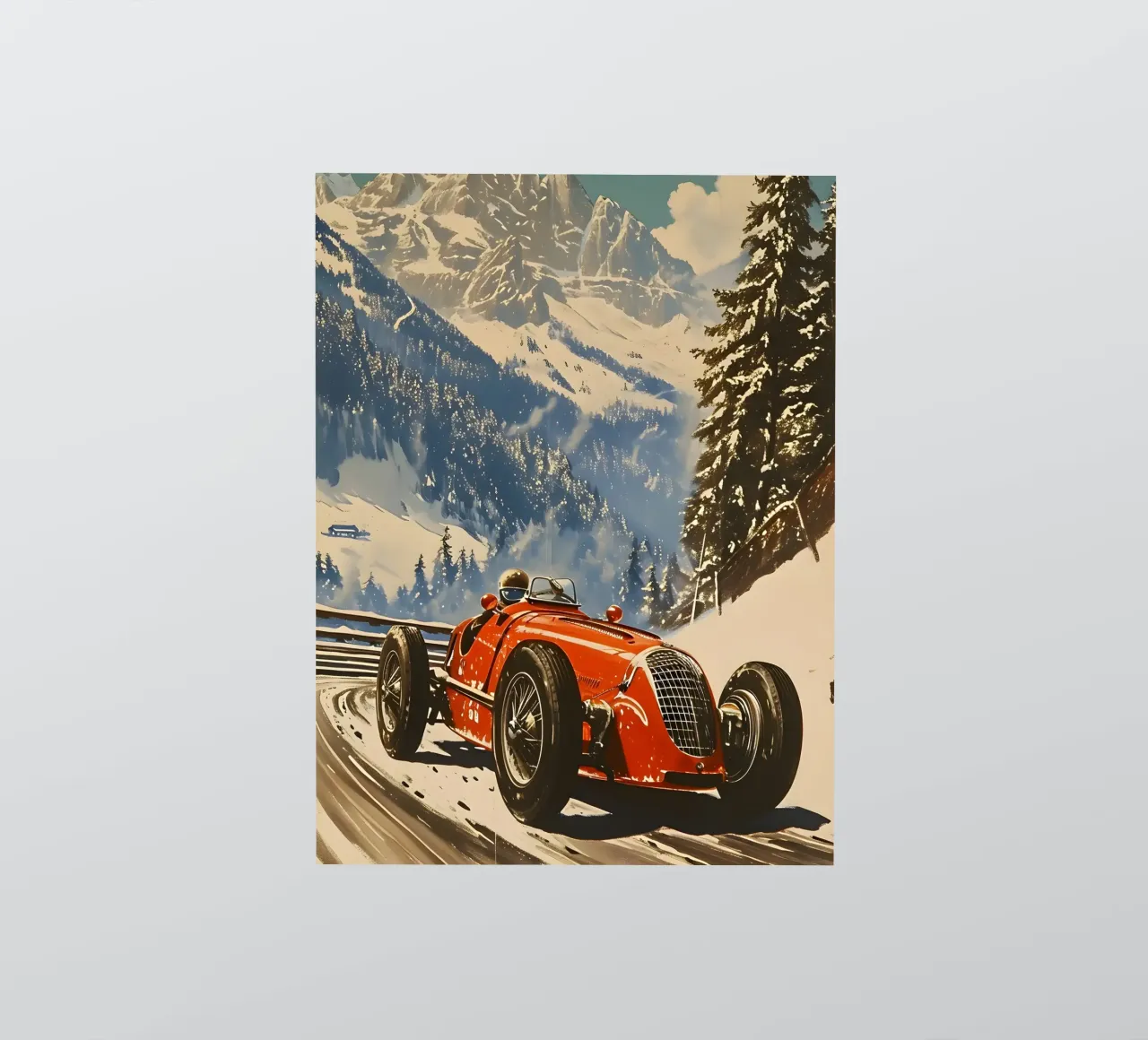 classic racing car in the Alps sticker by Vintage Travel Art