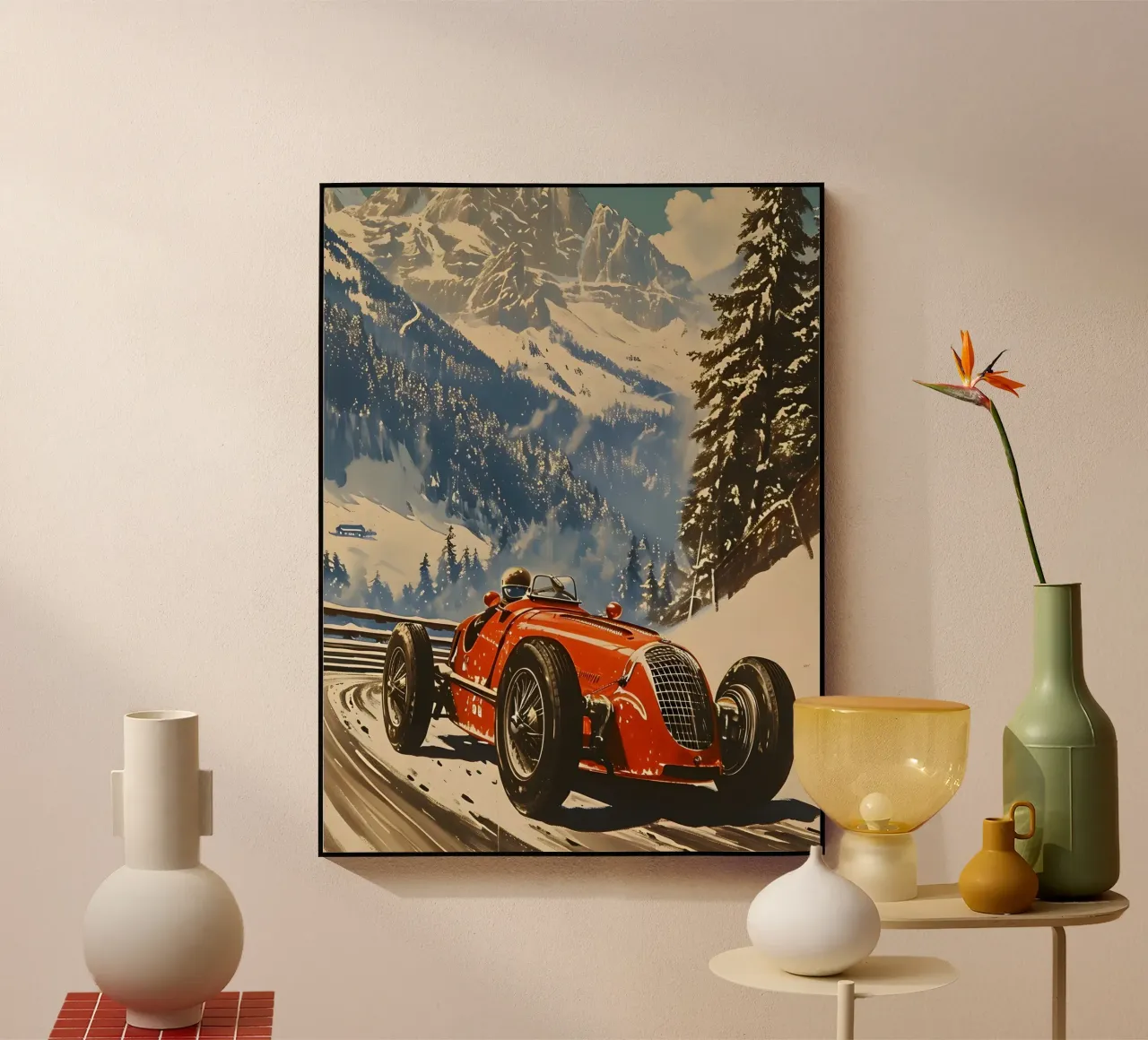 auto da corsa d'epoca nelle Alpi plexiglass da Vintage Travel Art