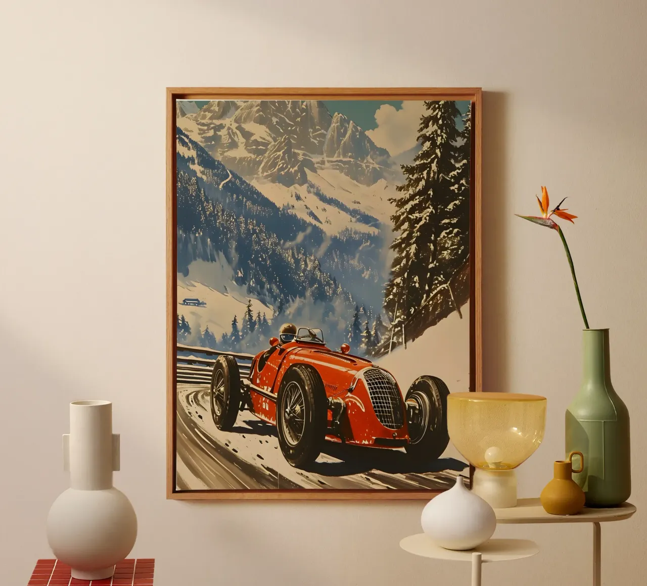 classic racing car in the Alps canvas by Vintage Travel Art