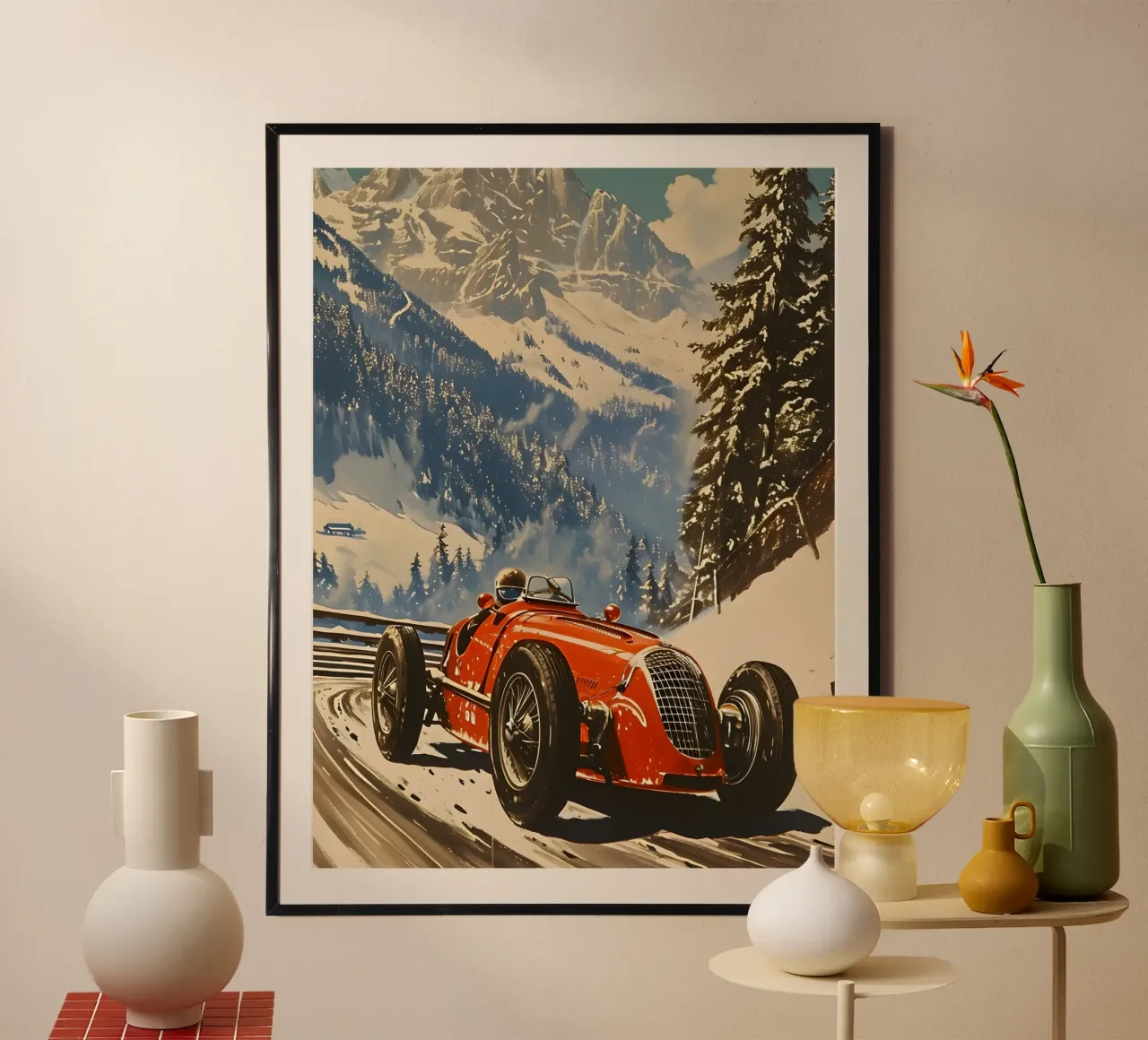 auto da corsa d'epoca nelle Alpi carta hahnemühle da Vintage Travel Art