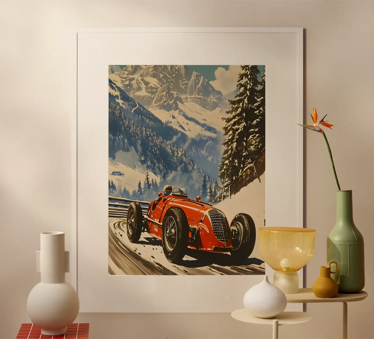 auto da corsa d'epoca nelle Alpi carta hahnemühle da Vintage Travel Art