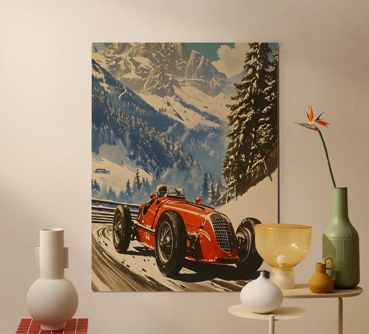 auto da corsa d'epoca nelle Alpi carta hahnemühle da Vintage Travel Art