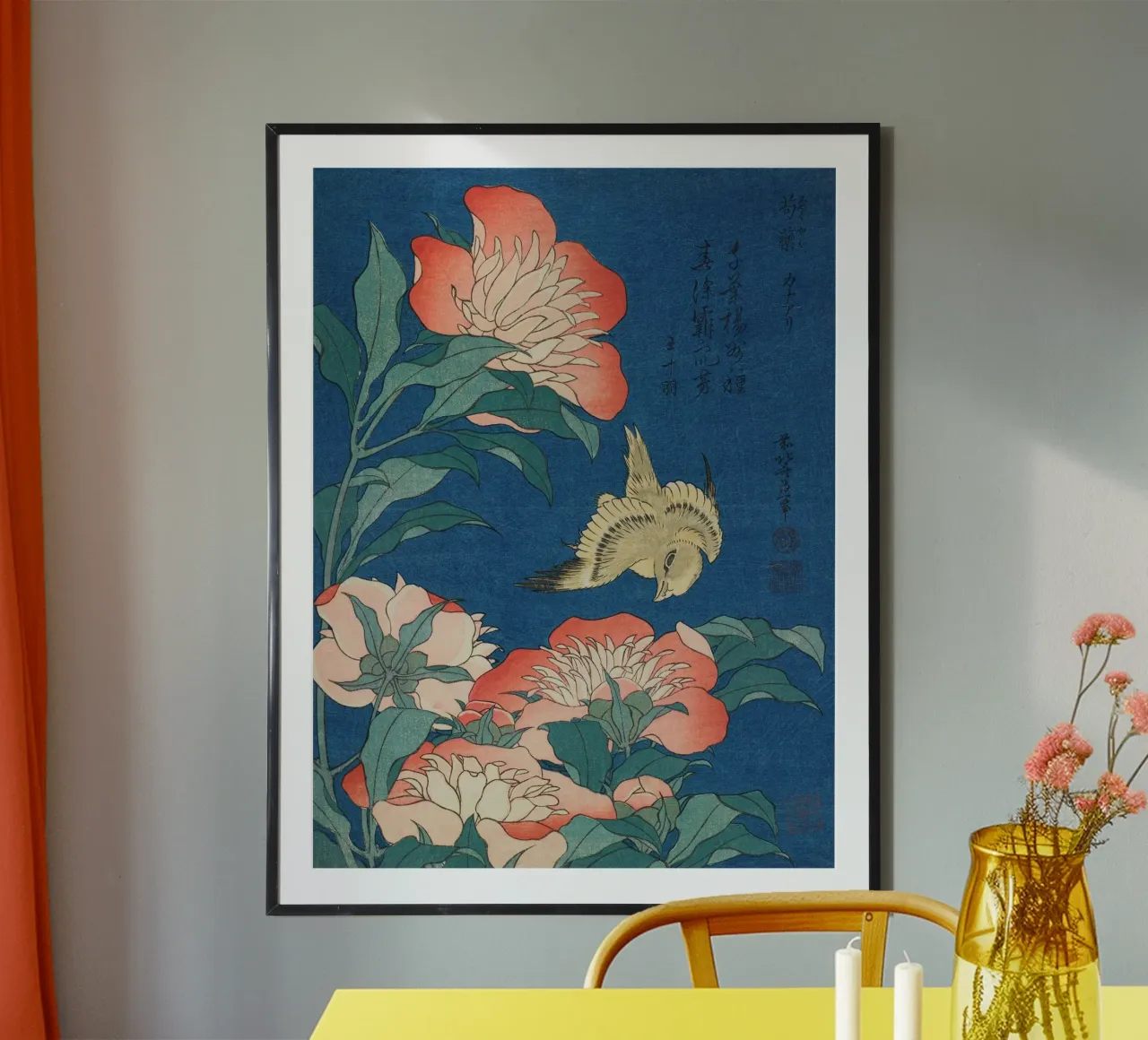 Katsushika Hokusai - Peonie e canarino (1834) poster con telaio in alluminio da Wirla