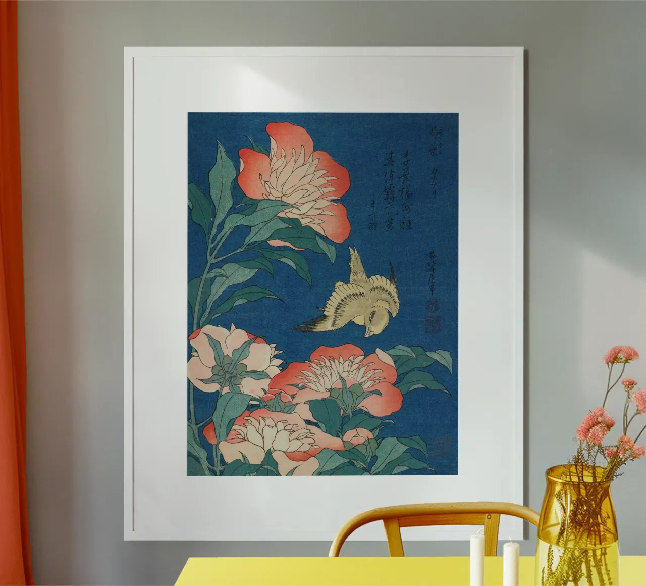Katsushika Hokusai - Peonie e canarino (1834) poster con telaio in alluminio da Wirla