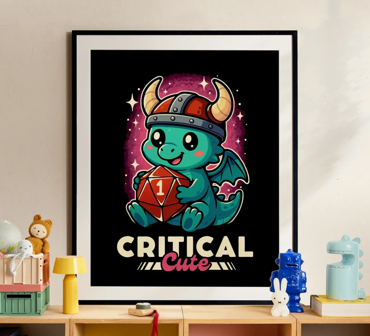 Drago carino critico poster con telaio in legno da LM2KONE