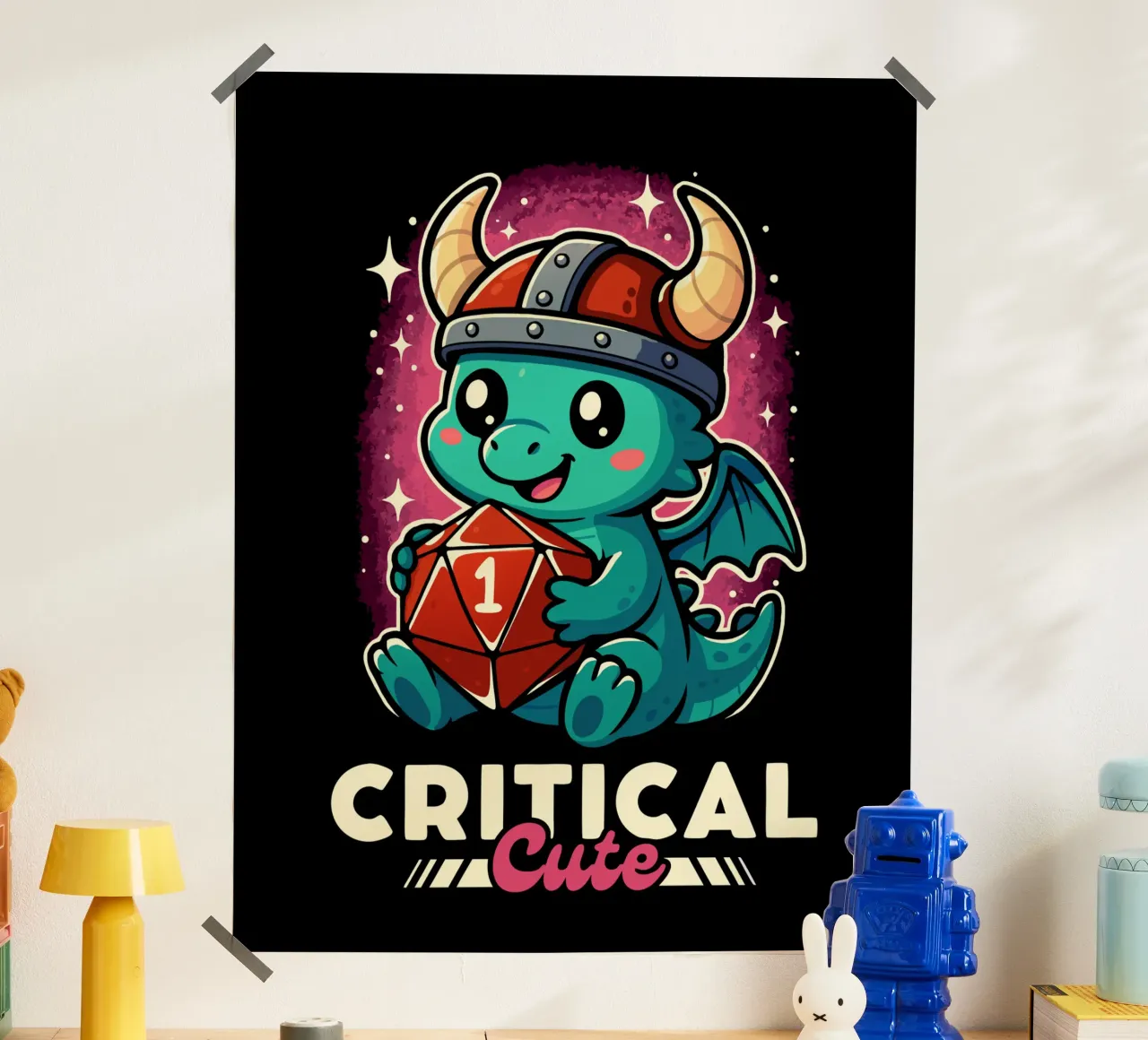 Drago carino critico poster con telaio in legno da LM2KONE